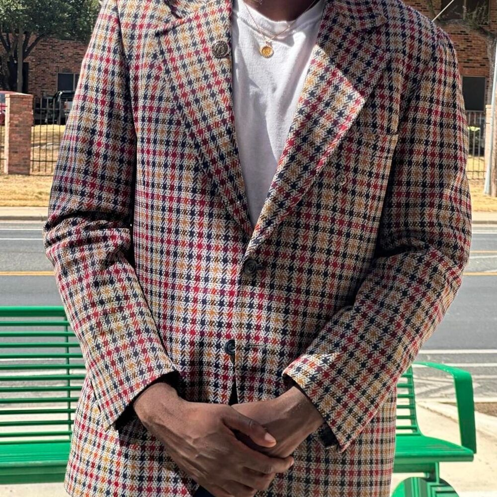 multi colored plaid blazer with red navy